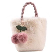 White plush tote bag - fluffy cherry shoulder bag, soft faux fur crossbody bag, comfortable winter travel bag with pom-pom decoration.