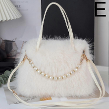 New plush handbag for women, large capacity, shoulder bag with pearl chain, white.