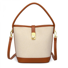 Stylish small crossbody bucket bag, women's retro PU leather patchwork shoulder bag, suitable for both shopping and commuting, brown.
