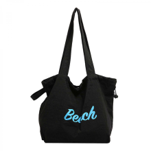 Sweet candy-colored canvas shoulder bag with letter print, stylish large-capacity drawstring tote bag, unisex, available in yellow and black.