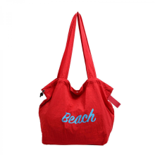 Sweet candy-colored canvas shoulder bag with letter print, stylish large-capacity drawstring tote bag, unisex, yellow and red.