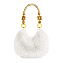 Stylish and soft plush half-moon shaped tote bag, fluffy and spacious casual tote bag, beige.