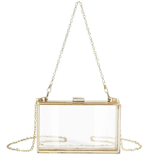 Cute transparent acrylic shoulder bag, transparent crossbody evening clutch/handbag with two gold chains for women.