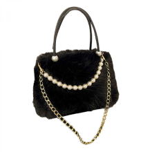 Deliziosa borsa in peluche, decorata con perle, comoda e spaziosa, perfetta per lo shopping casual o per le feste. Disponibile in marrone scuro/nero.