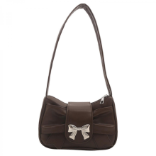 Women's PU leather shoulder bag, French style underarm bag, bow handbag, fashionable pleated underarm bag, girl's shopping and dating bag, brown.