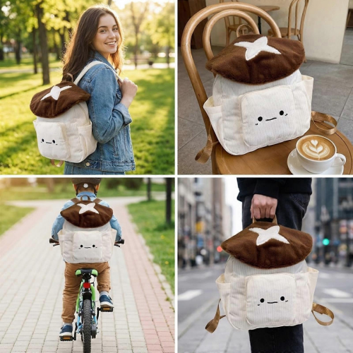 Mushroom pattern backpack, women's travel backpack, school bag, handbag, drawstring backpack, brown/black 2