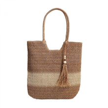 Elegante borsa da spiaggia estiva in paglia intrecciata beige e kaki, di grande capienza, color caffè.