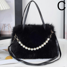 New plush handbag for women, large capacity shoulder bag with pearl chain, black.