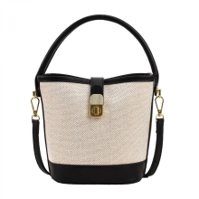Stylish and compact crossbody bucket bag, women's retro PU leather shoulder bag, suitable for shopping and work, brown/black.