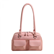 Borsa a tracolla da donna alla moda in stile coreano, con cerniera, doppie tasche retrò, borsa/portafoglio da ascella in tinta unita, bianco/rosa.