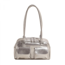 Korean style fashionable women's shoulder bag, with zipper, retro double pockets, solid color underarm bag/wallet, white/silver.