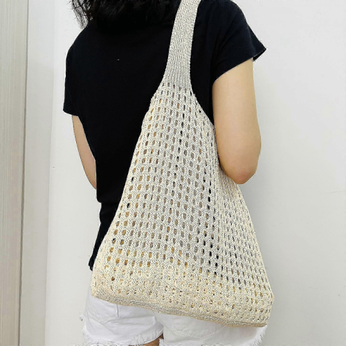 Women's knitted openwork shoulder bag, simple beach handbag, green 1