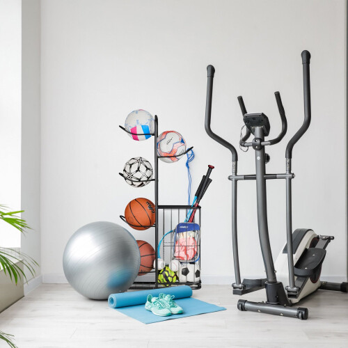 Ball Rack with 6 Shelves and Storage Basket 1