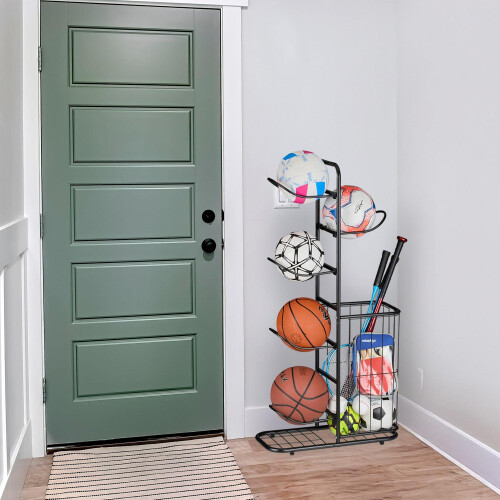 Ball Rack with 6 Shelves and Storage Basket 2