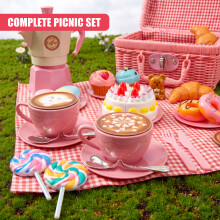 The Magic Toy Shop Kids Wicker Picnic Basket Hamper Play Food Tea Set for Toddlers Role Play Toy