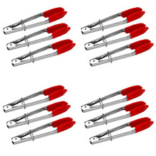 Small Tongs with Silicone Tips 7 Inch Kitchen Tongs - Set of 12 - Perfect for Serving Food, Cooking, Salad, Grilling Red