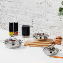 Karaca Emirgan 6-Piece Sahan Steel Pot Set, Cookware Set, Stainless Steel, Suitable for Induction Cookers, with Glass Lid and Stainless Steel Pot Set