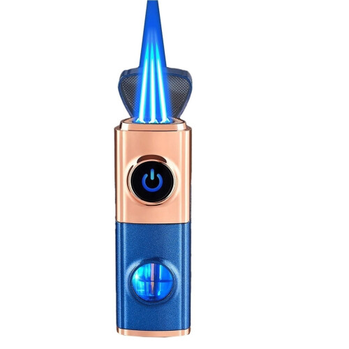 2025 Butane Torch Lighter Triple Jet Flame Touch Ignition Windproof Refillable Fuel Window Blue
