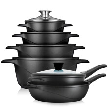 briebe Induction Cookware Set 12 Pieces, 4 Cast Aluminium Casseroles Dish + 2 Frying Pans, Non-Stick ILAG Granitec PFOA-Free, Set of Pots and Glass