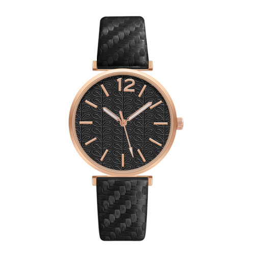 (Black) Elegant Ladies Quartz Watch with Casual Leather Strap - Pointer Type