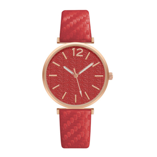 (Red) Elegant Ladies Quartz Watch with Casual Leather Strap - Pointer Type