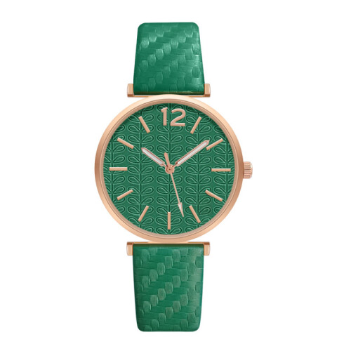 (Green) Elegant Ladies Quartz Watch with Casual Leather Strap - Pointer Type