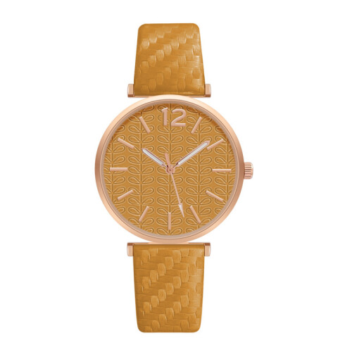 (Yellow) Elegant Ladies Quartz Watch with Casual Leather Strap - Pointer Type
