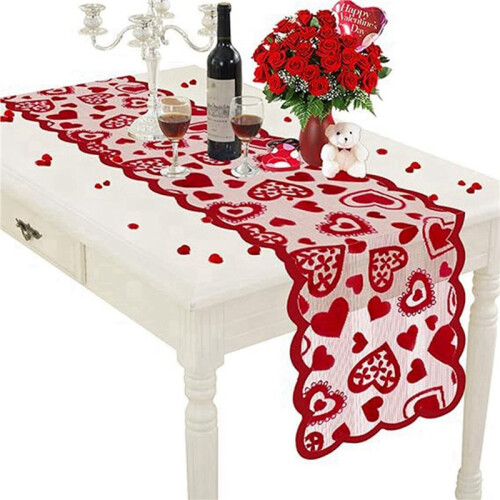 5X Valentines Day Decor Table Runner, 13 X 72Inch Red Lace Table Runner, Heart Table Runner 2