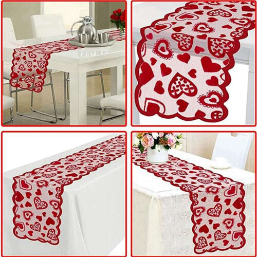 5X Valentines Day Decor Table Runner, 13 X 72Inch Red Lace Table Runner, Heart Table Runner