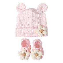 Newborn Knit Hat & Socks Set Soft Polyester Cotton-light pink