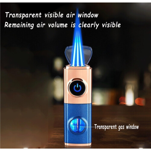 2025 Butane Torch Lighter Triple Jet Flame Touch Ignition Windproof Refillable Fuel Window Blue 1