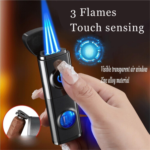 2025 Butane Torch Lighter Triple Jet Flame Touch Ignition Windproof Refillable Fuel Window Blue 2