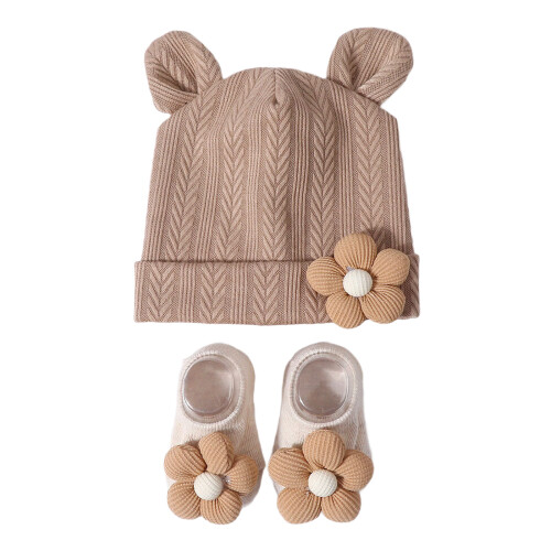 Infant Hat & Socks Set Stretchy Knit Fabric Comfortable-Khaki