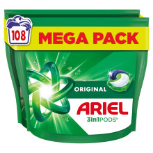 Ariel All-in-1 PODS, Washing Liquid Laundry Detergent Capsules 108 Washes (54x2), Original, Outstanding Stain Removal In 1 Wash, Brrrilliant In Cold