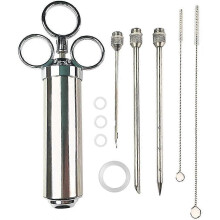 Smaakspuit, 60 ml vleesspuit, roestvrijstalen barbecuemarinadespuit - inclusief reinigingsborstel en 3 barbecuenaalden (zilver)