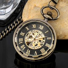 (Bronze) Antique Skeleton Mechanical Pocket Watch with Fob Chain - Elegant Clock Pendant