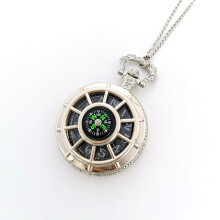 (Silver) Vintage Pocket Watch Necklace with Quartz Movement & Compass Pendant Decor
