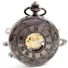 (Gunmetal machinery) Vintage Semi-Automatic Mechanical Pocket Watch with Skeleton Design and Mirror Finish