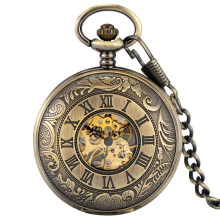 (Bronze Roman) Elegant Mechanical Hand-Winding Pocket Watch with Roman Numerals and Double-Sided Opening Lid
