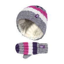 (3-6 Years, PP1P12) Heat Holders - Heat Holders - Mädchen Fleece Gestreift Winter Thermo Mütze und Fäustlinge Set