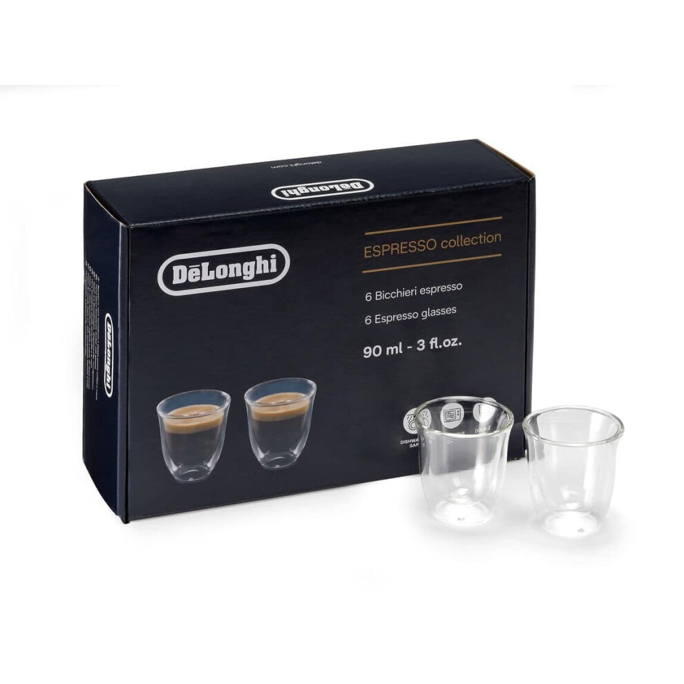 De'longhi Dlkc300 Essential Collection Double Walled Thermo Espresso Glasses, Set Of 6, 60 Milliliters, Dishwasher Safe, Clear, 5513296651