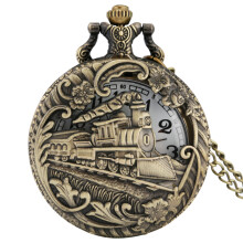 (Bronze) Fine Engraved Skeleton Pocket Watch with Necklace - Large Quartz Timepiece