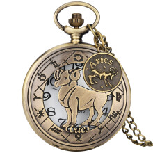 (Aries) Vintage Taurus Ores Skeleton Quartz Pocket Watch with Chain