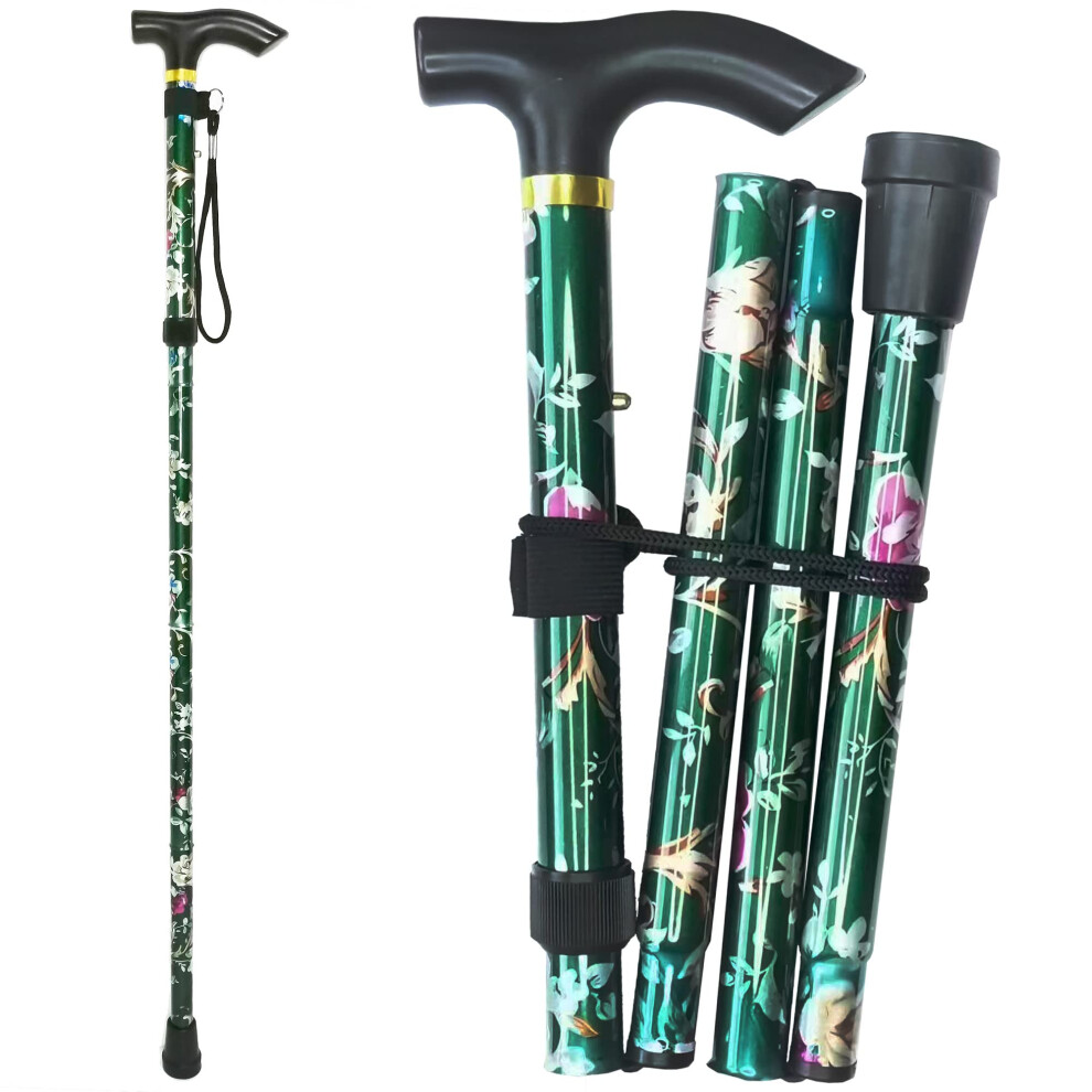 Green Folding Walking Cane Floral Lightweight Aluminum Adjustable Stick With Ergonomic T Handle And Wrist Strap For Seniors