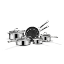 SNOWCLAD Pots and Pans Set Non Stick, 10 Pcs Hybrid Stainless Steel Cookware Sets, Non Stick Frying Pans, Saucepans, Saute Pan & Stock Pot, PFOA Free