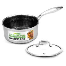 NutriChef Stainless Steel Sauce Pan with Lid 1.9L, Non-Stick Etched Honeycomb Coating, Triply Saucepan, Ceramic Pot Surface, Scratch-Resistant, Glass