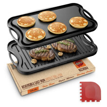 Nutrichef Reversible Cast Iron Griddle Pan ? 51 x 26cm, Non-Stick Flat and Ridged Grill Pan for Hob/Oven/BBQ, Induction and Gas Safe, PFOA & PFOS
