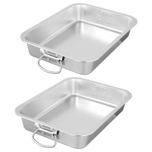 KOHAND 2 PCS Deep Stainless Steel Roasting Pans, Large Roaster Tray with Folding Handles, 40 x 30 x 7cm Rectangular Roasting Tin Pan for Meats &