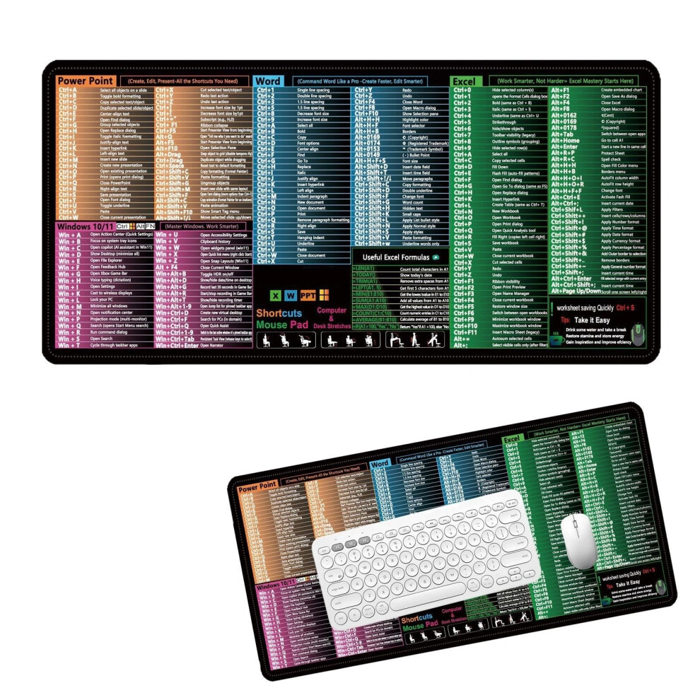 Excel Cheat Sheet Desk Mat, Large Desk Pad For Excel & Power Point & Word & Windows Shortcut Keys, Office Shortcuts Mouse Mats With Stretching Guide, 769029471313