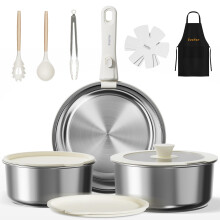 EVOFAR 14 Piece Stainless Steel Pots and Pans Set, Induction Hob Pan Set with 24cm Frying Pan, 18cm & 22cm Saucepans, Cookware Set with Detachable